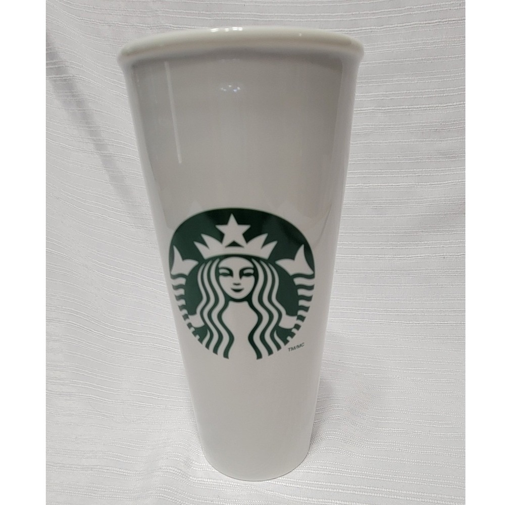Starbucks Siren Logo White Ceramic Double Wall Travel Tumbler Mug Black Lid 12oz